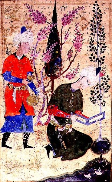 Sedící princ čte, zatímco sluha podává víno, z Tohfat Al-Ahrar, Bokhara School od Persian School
