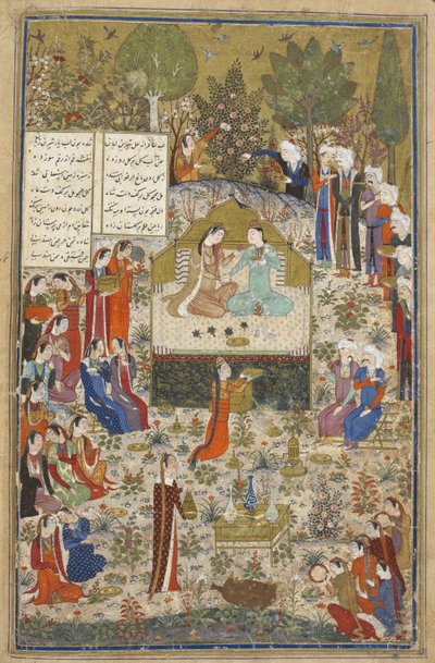 Přidat Ms 18113 f.406 Humay a Humayun, milenci obklopeni průvodci, ze „Tři básně“ od Kirmani, Bagdád od Persian School