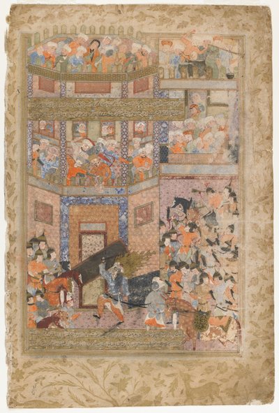 Ali zvedá brány Qamusu z Rawzat al-safa, 1571-72 od Persian School