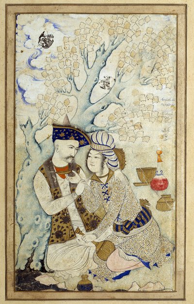 Art Islam: Portrét šáha Abbáse I objímajícího jednu z jeho stránek. Perská kresba z roku 1672. Rozměr: 0,16 x 0,27 m. Paříž, Musee du Louvre od Persian School