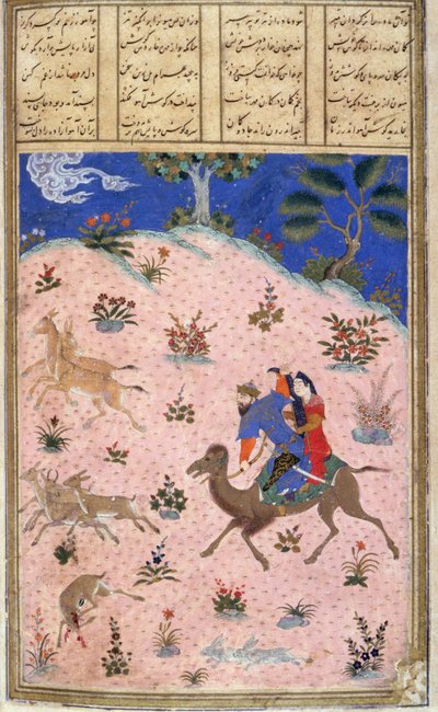 Bahram Gur Hunting With Azada, ilustrace z Shahnama (Kniha králů), Abul-Qasim Manur Firdawsi (c.934-c.1020) c.1440-45 (pero, inkoust a wc na pergamenu) od Persian School