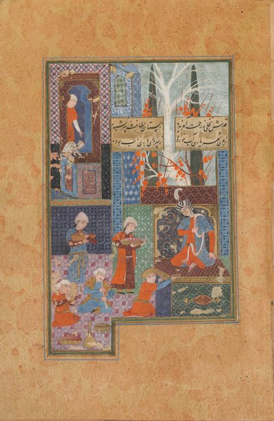 Folio from a Divan (sebrané básně) od Jami († 1492); Prince and Attendants (neprůhledný akvarel, inkoust a zlato na papíře) od Persian School