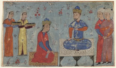 Folio from a Shahnama (Book of Kings) od Firdawsiho († 1020); recto: Sindukht Before Sam, Írán (neprůhledný akvarel, inkoust a zlato na papíře) od Persian School
