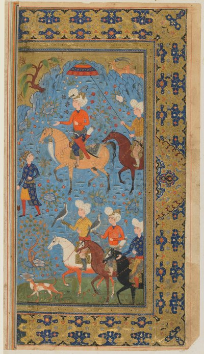 Folio from a Shahnama (Book of Kings) od Firdawsi; Královský lov, Írán, cca 1590-1600 (neprůhledný akvarel, inkoust a zlato na papíře) od Persian School