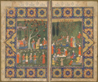 Folio z neidentifikovaného textu; verso: Party in a garden, Shiraz, Iran, c.1570 (neprůhledný akvarel, inkoust a zlato na papíře) od Persian School