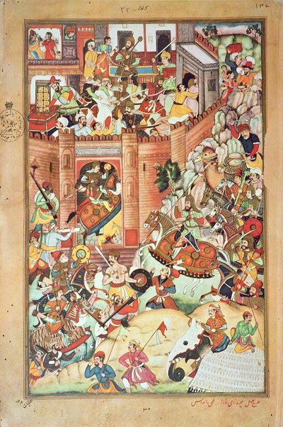 Čingischán zachycuje čínské město, miniatura z „Perské historie Čingischána“ dokončená v roce 1596 od Persian School
