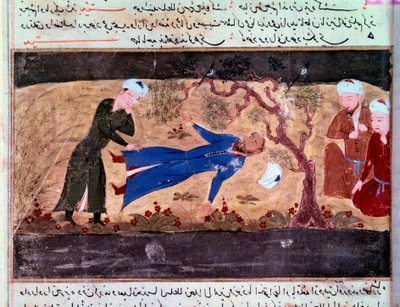 Historie Mongolů: Smrt Muhammada hwarazmshaha. Rukopis „“Součet příběhů (Djame al-tavarikh) (Djame al-tavarikh)““ (Folio 60v) od Rachida al-Din Fazl-ollah (Fazl ollah) Hamadani od Persian School