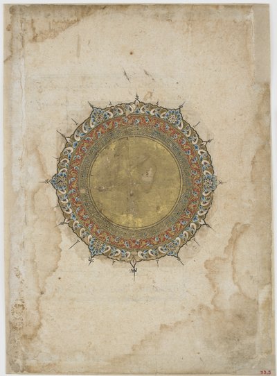 Iluminovaný medailon se dvěma ornamentálními okraji, folio z neidentifikovaného textu, Írán, 13.-14. století (neprůhledný akvarel a zlato na papíře) od Persian School