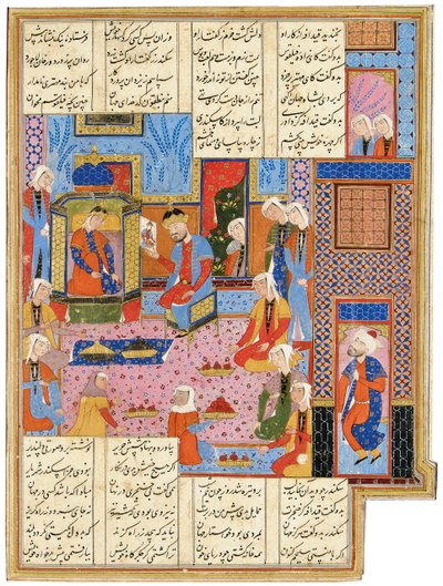 Ilustrace ze Safavid Shahnamy: Alexandra v přestrojení za vyslance uznává královna Nushaba, Shiraz, Írán, 1650-1700 od Persian School