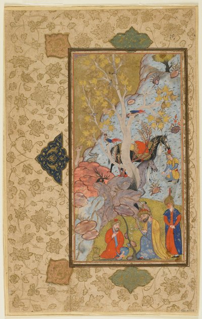 Iskandar navštěvuje poustevníka, Shiraz, Írán, kolem 1580-1600 (neprůhledný akvarel, inkoust a zlato na papíře) od Persian School
