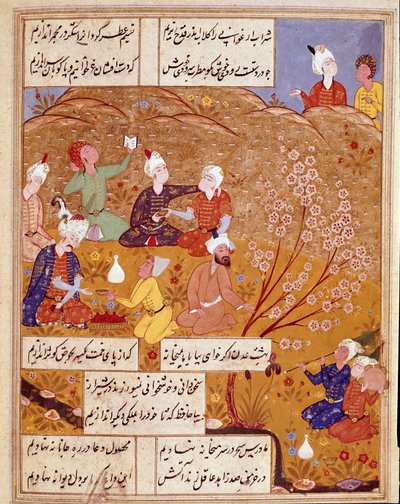 Islámské umění: “”Královo občerstvení na zemi”” Miniatura ilustrující básně perského básníka Hafize (Hafiz Shirazi), perský rukopis. 1554 San Lorenzo de El Escorial, Královská knihovna kláštera El Escorial, Madrid od Persian School