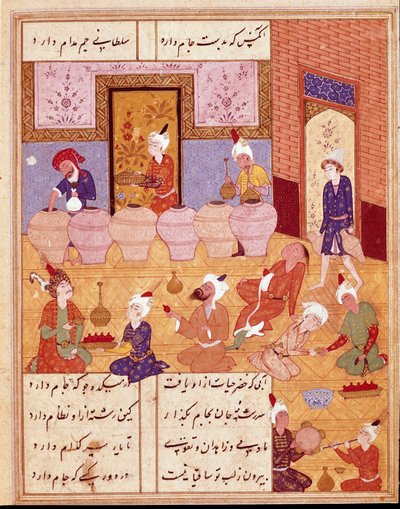 Islámské umění: “”banket s hudebníky””” Miniatura ilustrující básně perského básníka Hafeze (Hafiz Shirazi), perský rukopis. 1554 San Lorenzo de El Escorial, Královská knihovna kláštera El Escorial, Madrid od Persian School