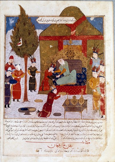 Mongolský císař Čingischán (1167-1227) na svém trůnu v táboře poblíž Ilmil se svými vnuky Quibalai a Hule Gu perská miniatura převzatá z Jami al-Tawarikh (Jami al tawarikh) (Historie Mongolské říše) od Rashida al-Dina ( al Din) (B.1247-1318) od Persian School