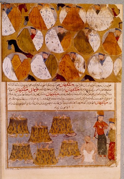 Mongolské stany a vězni Čingischána (1162-1227): Čingischán nechává stoupence Djamuqua, Mongola z kmene Jadjirat, házet do kotlů. Perská miniatura převzatá z „“ Jami al-tawarikh““ (Jami al tawarikh) nebo „“ Univerzální historie““ od Persian School