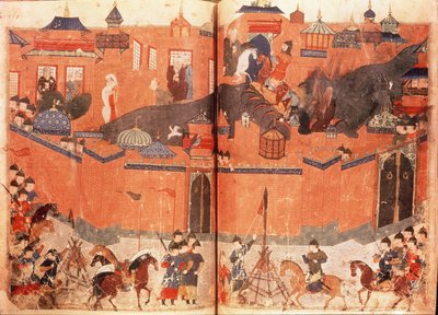 Ms.Sup.Pers.1113.f.180v-181 Mongolové pod vedením Hulagu Khan zaútočili a dobyli Bagdád v roce 1258, z knihy Rashida al-Dina (1247-1318) (vellum) od Persian School