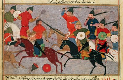 Ms Pers.113 f.49 Čingischán (asi 1162-1227) v bitvě, z knihy Rašíd-al-Dín (1247-1318) (kvaš) od Persian School