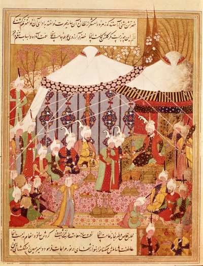 Or.1359 fol. 35 v. Sultán Bajazid zajatý Timurem, 1402 ze Zafarnamy 1533 (tuš na pergamenu) od Persian School