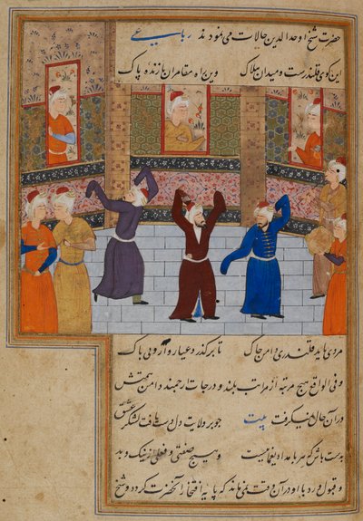 Nebo. 11837, f.152 Muhammad Tabadkani († 1486) tančící s derviši, ilustrace z 