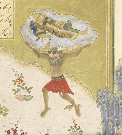Peršan 239 fol.165b Detail: Div Akvan zvedá spícího Rustama, ilustrace z Shahnamy (Kniha králů), Abul-Qasim Mansur Firdawsi (c.934-c.1020), 1444 od Persian School