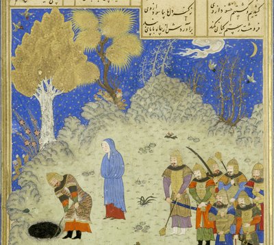 Peršan 239 fol.180a Detail: Rustam zachraňuje B?zhan z jámy, ilustrace z Shahnamy (Kniha králů), Abul-Qasim Mansur Firdawsi (c.934-c.1020), 1444 od Persian School