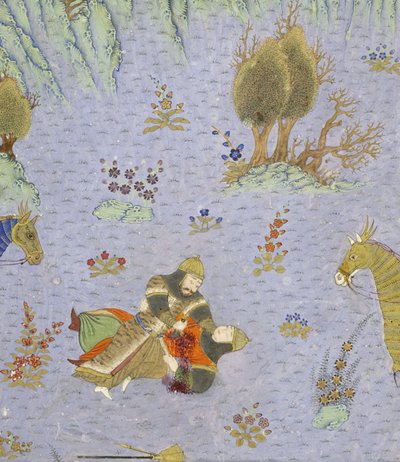 Peršan 239 fol.67b Detail: Suhr?b zabit Rustamem, ilustrace z Shahnamy (Kniha králů), Abul-Qasim Mansur Firdawsi (c.934-c.1020), 1444 od Persian School