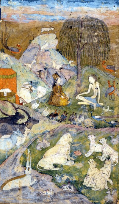 Perská miniatura ze 17. století představující Stvoření světa: U stromu života jsou zastoupeni muž a žena, stejně jako všechna zvířata. Zoroastrismus: náboženství Zarathuštry (Zarathustra, Zarathuštra, Zarathustra nebo Zoroastra) od Persian School