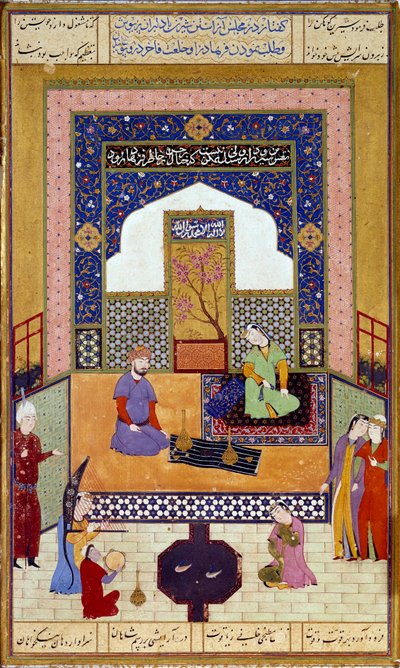 Princezna Shirin (Chirin) přijímá Farhada na svém perském miniaturním zámku ilustrujícím epizodu Nizamiho „Khamsa“ (Pět básní) (1141-1209) Pařížské musee du Louvre ze 16. století od Persian School