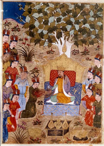 Zastoupení Chaghtai Khan (1227-1242) na jeho trůnu, je synem Čingischána na koni. Perská miniatura převzatá z Jami al-Tawarikh“ (Jami al tawarikh) nebo „“Univerzální historie““ historikem Rashidem al-din (al din) (1247-1318) Kolem roku 1430. od Persian School