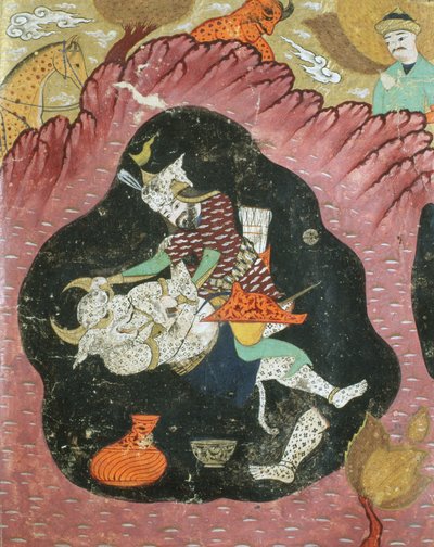 Rostam zabíjející Bílého démona v jeskyni, ilustrace z Shahnamy (Kniha králů) od Abul-Qasima Manura Firdawsiho (c.934-c.1020) 1615 od Persian School