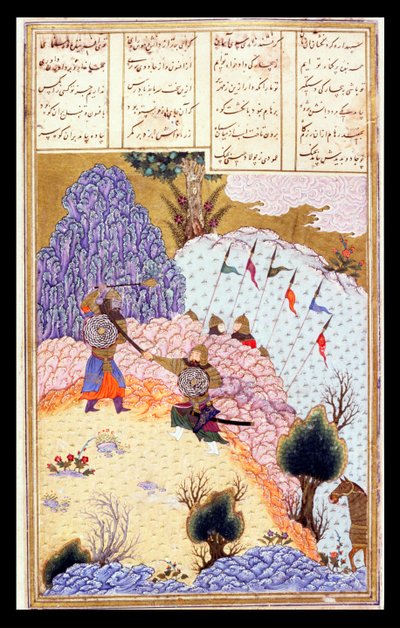 Ruhham Attacking the Turanian Sorcerer, ilustrace z Shahnama (Kniha králů), Abul-Qasim Manur Firdawsi (c.934-c.1020) c.1440-45 (pero, inkoust a wc na pergamenu) od Persian School