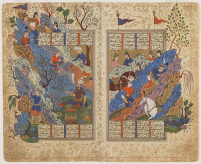 Rustam odkopne skálu, kterou na něj navalil Bahman z knihy Shahnama (Kniha králů), kolem 1590-1600 (inkoust, neprůhledný akvarel a zlato na papíře) od Persian School