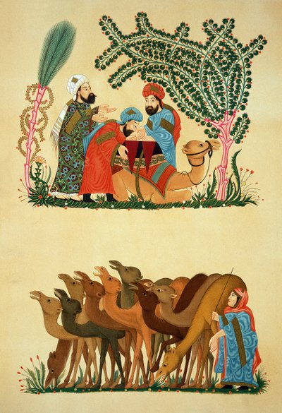 Scény převzaté z rukopisu Maqamat of Al-Hariri, vyrytého Lestelem, vydaného nakladatelstvím Lemercier, Paříž od Persian School