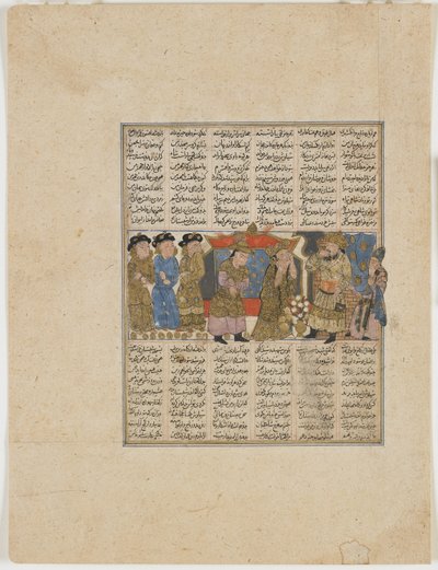 Sudaba vznáší obvinění proti Siyavushovi, z knihy Shahnama (Kniha králů) od Firdawsiho († 1020) (neprůhledný akvarel, inkoust, zlato a stříbro na papíře) od Persian School