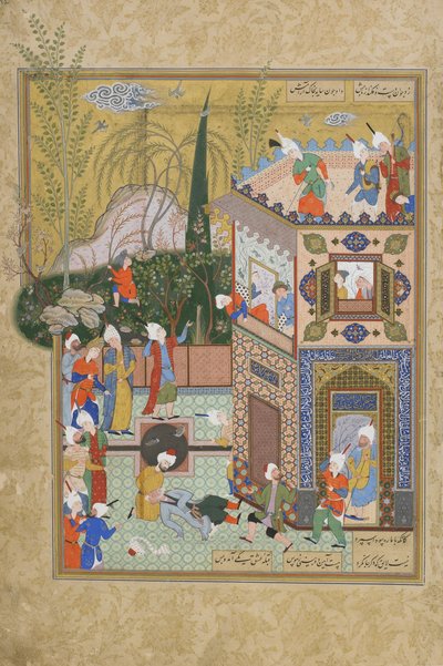 The Fickle Old Lover is Knocked Off the Rooftop, folio z Haft awrang (Sedm trůnů) od Jami († 1492), pravděpodobně Mashad, Khurasan, Írán, dynastie Safavidů, 1556-1565 (inkoust, neprůhledný akvarel a zlato od Persian School