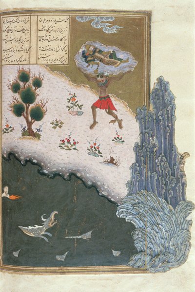 Spící Rustam přenášený vzduchem démonem Akwanem, ilustrace z Shahnamy (Kniha králů), Abul-Qasim Manur Firdawsi (c.934-c.1020) c.1440-45 (pero, inkoust a wc na pergamenu ) od Persian School