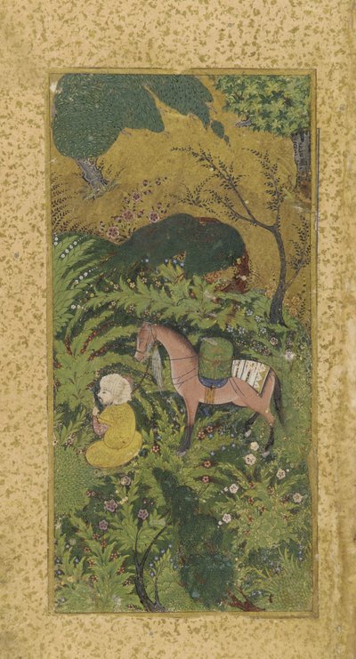 Čekající ženich s koněm v zalesněném háji, pravděpodobně Tabriz, turkomanská dynastie, cca 1500 (neprůhledný akvarel a zlato na papíře) od Persian School