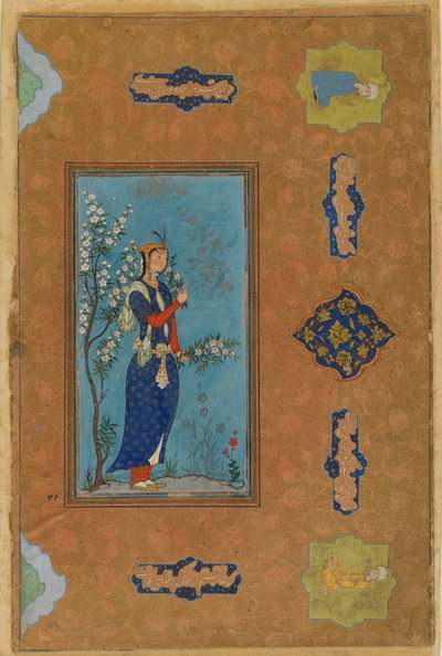 Žena se sprškou květin, Safavid Period, cca 1575 (wc a zlato na papíře) od Persian School