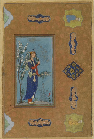 Žena se sprškou květin, cca 1575 (neprůhledný akvarel a zlato na papíře) od Persian School