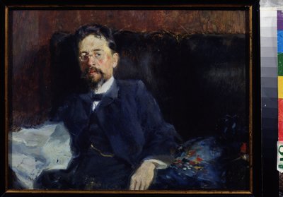 Portrét spisovatele Antona Čechova (1860-1904) (Portrét autora A. Čechova). Obraz Pyotr Alexandrovič Nilus (Pierre Nilous) (Nilouss) (1869-1940/1943), olej na plátně od Peter Alexandrovich Nilus