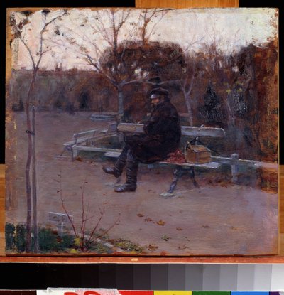 Na Boulevardu (Na Boulevardu). Muž sám, sedící na lavičce v mrazu, blízko něj, batoh a skříňka na nářadí. Obraz Pyotr Alexandrovič Nilus (Pierre Nilous) (Nilouss) (1869-1940/1943), olej na plátně od Peter Alexandrovich Nilus