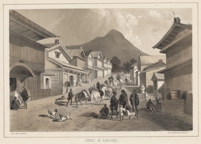 Ulice v Hakodadi, litho od Sarony und Co., 1855 (chromolitho) od Peter Bernhard Wilhelm Heine