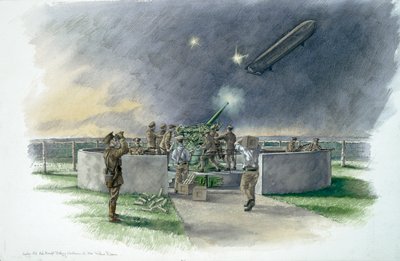 Lodge Hill Battery, střelba na německý zeppelin během první světové války, c1910, c1980-2010 od Peter Dunn
