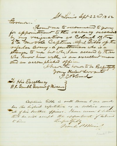 Dopis podepsaný P.E. Bland, St. Louis, HR Gamble, guvernér Missouri, 22. září 1862 od Peter E. Bland