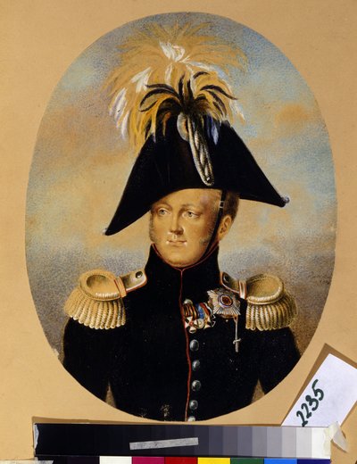 Portrét cara Alexandra I. Pavloviče (1777-1825) (Portrét císaře Alexandra I.) s různými čestnými vyznamenáními, včetně kříže s černozlatou stuhou, císařského a vojenského řádu svatého Jiří (1. vlevo), stuha kříž r od Peter Ernst Rockstuhl