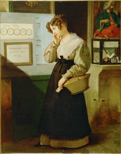 Maedchen vor einem Lotteriegewoelbe - Dívka před obchodem s loteriemi... (malba na plátně) od Peter Fendi