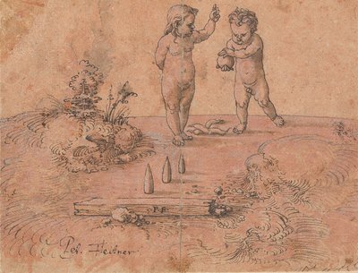 Dvě děti si hrají s míčem, 1500-1546. od Peter Flötner