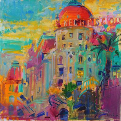 Promenade des Anglais, Západ slunce, 2023 (olej na plátně) od Peter Graham