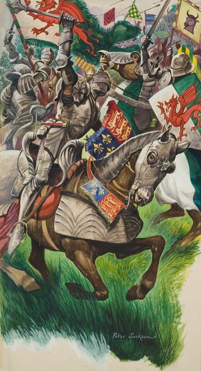 Král Richard (1452-85) a Jindřich Tudor (1457-1509) na bitevním poli u Market Bosworthu v roce 1485 (kvaš na papíře) od Peter Jackson