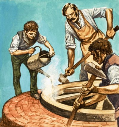 Kdysi dávno... život na vesnici před sto lety. Koláři nasazují železný ráfek na kolo od Peter Jackson