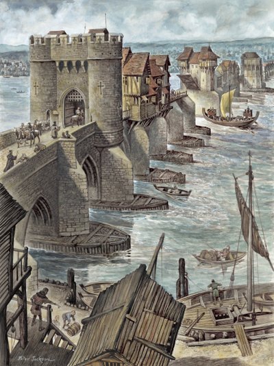 Rekonstrukce zobrazující Old London Bridge několik let poté, co byl postaven, při pohledu na severozápad od Peter Jackson